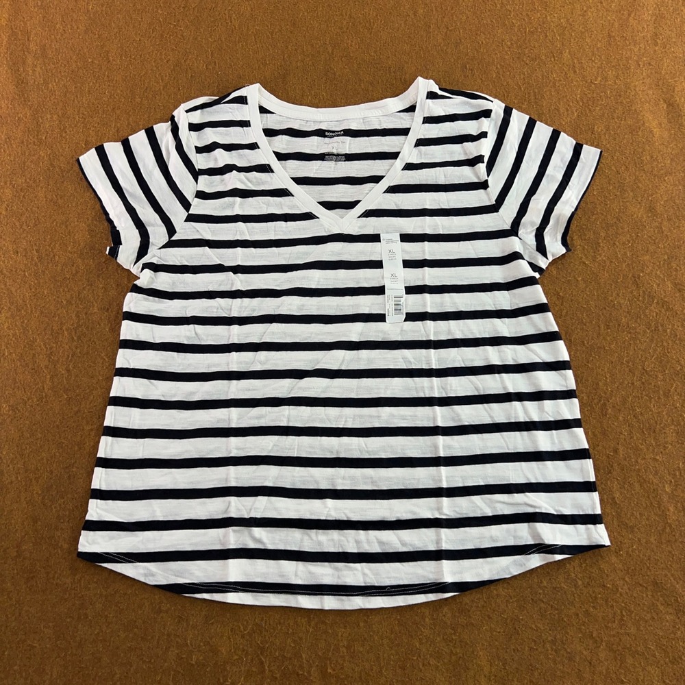 Sonoma Womens XL White Striped V-Neck Short Sleeve Everyday T-Shirt NWT